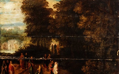 Artista fiammingo, XVII secolo () Paesaggio con Gesù e il giovane ricco Olio...