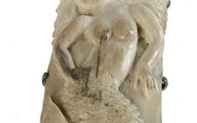 Asian carving - A nice carving of a mermaid (height c. 86 mm.), mammoth, framed, as a pendant, also attached mother of pearl