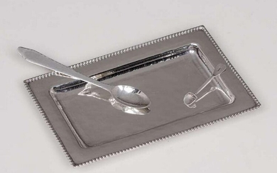 August Tiesselinck Hammered Silver Tray & Two Spoons