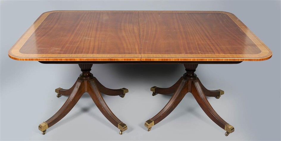 BAKER COLONIAL WILLIAMSBURG INLAID MAHOGANY TWO PEDESTAL DINING TABLE