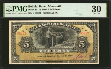 BOLIVIA. El Banco Mercantil. 5 Bolivianos, 1906. P-S173a. PMG Very Fine 30.
