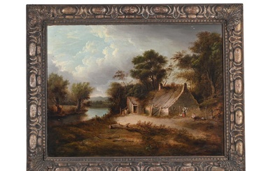 BRITISH SCHOOL (19TH CENTURY), COTTAGE IN A LANDSCAPE WITH FIGURES