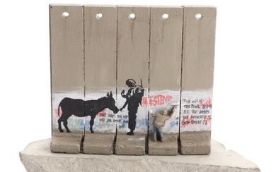Banksy, after: “Souvenir Wall Section, 2017”. Painted resin sculpture with enclosed concrete wall piece. 13.3 × 12.7 × 8.9 cm. (2)