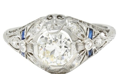 Belle Epoque 1.14 Carats Diamond Sapphire Platinum Bombe Engagement Ring GIA