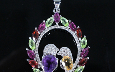 'Bird pair' pendant with colorful gemstones, 925 silver.