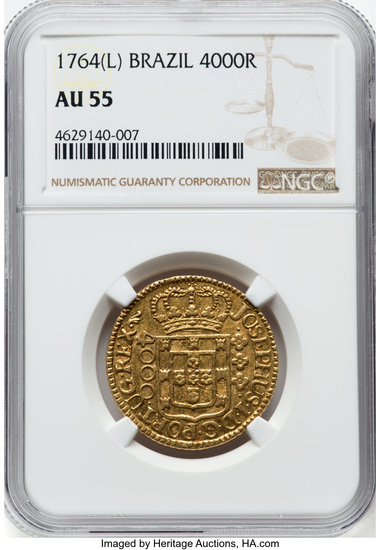 Brazil: , Jose I gold 4000 Reis 1764-(L) AU55 NGC,...