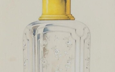 British School, 20th century- J and G; watercolour and gouache on paper, two, ea. 17.5 x 15.5 cm: together with three designs for cosmetics bottles; pen, watercolour and gouache on paper, 21.3 x 13.7 cm (5)