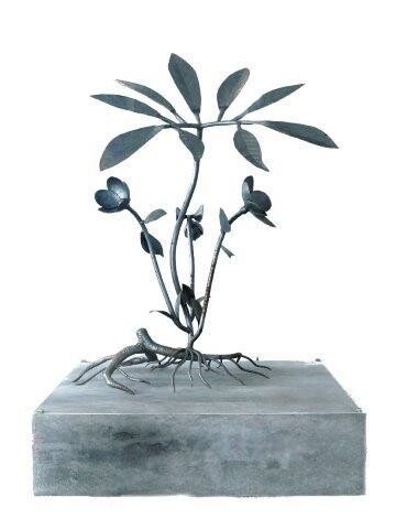 British School, late-20th/early-21st century- Flower; painted steel on a concrete-effect wooden base, within a perspex box, 180.5cm high x 120cm wide x 100 cm deep
