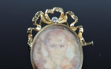 Brooch in 18k gold diamond and miniature painting young girl (17.91gr)
