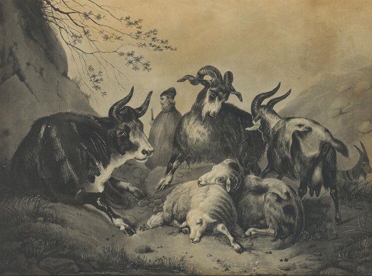 C. LainÃ©, French, early-mid 19th century- Goats, sheep, and a cow with a standing cloaked figure in a landscape; drawn 'en grisaille' in pencil, grey and black wash, heightened with scratching out on paper, signed 'C. LainÃ©' (lower left), 28.2 x...