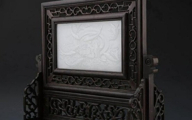 CHINESE CARVED WOOD AND JADE TABLE SCREEN