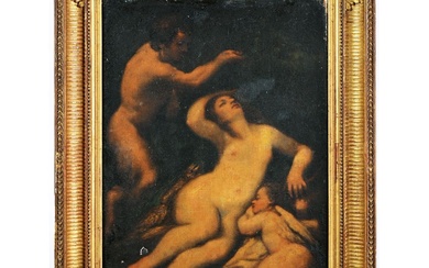 COLE ITALIENNE du XVIIè. « Vénus endormi près de l’amour ». Huile sur toile. (Accidents...