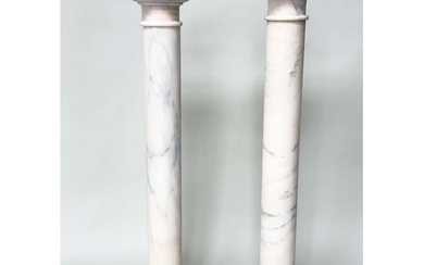 COLUMNS, a pair, Italian alabaster cylindrical with square t...