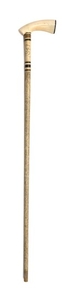 CRUTCH-HANDLED WALKING STICK INSCRIBED "ELLA" Whale ivory handle with baleen end cap. Tapered bone shaft with baleen rings. Engraved...
