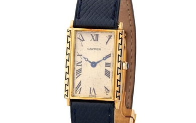 Cartier. Elegant and Remarkable Tank Wristwatch in Yellow Gold, With Art Deco Enamel Decoration and Black Roman Numerals Dial