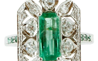 Central Emerald, Diamonds, White Gold Retro Ring