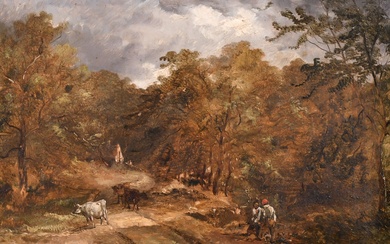 Cercle de John Constable (1776-1837) Britannique. Figures et bétail dans un paysage boisé, Huile sur...