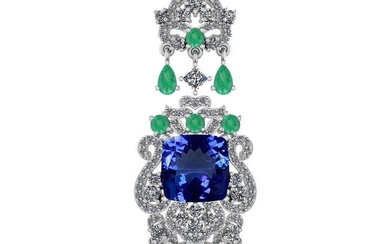 Certified 11.78 Ctw VS/SI1 Tanzanite,Emerald And Diamond 14K White Gold Vintage Style Necklace