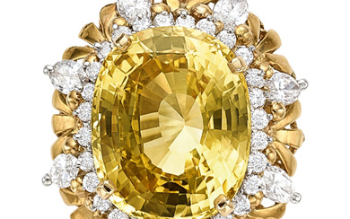 Ceylon Yellow Sapphire, Diamond, Gold Ring Stones: Oval-cut yellow...