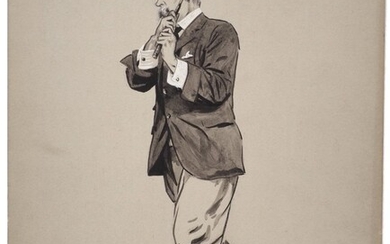 Charles Napier Ambrose, British 1876-1946- Mr Ernest Baggallay; brush and black ink and wash heightened with white on grey coloured paper, signed, inscribed on the reverse in pencil, 29 x 22.5 cm: together with five other drawings/original artworks...