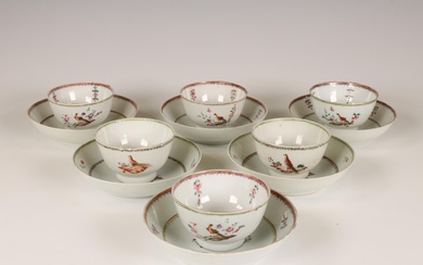 China, a set of six famille rose porcelain Lowestoft cups and saucers, late 18th century