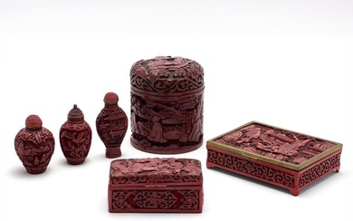 Chinese - Cinnabar Style Snuff Bottles and Desk Accessories, Group of 6