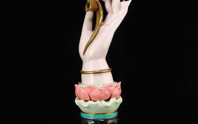 Chinese Gilt Gold Porcelain Lotus Flower Buddha's Hand Statue