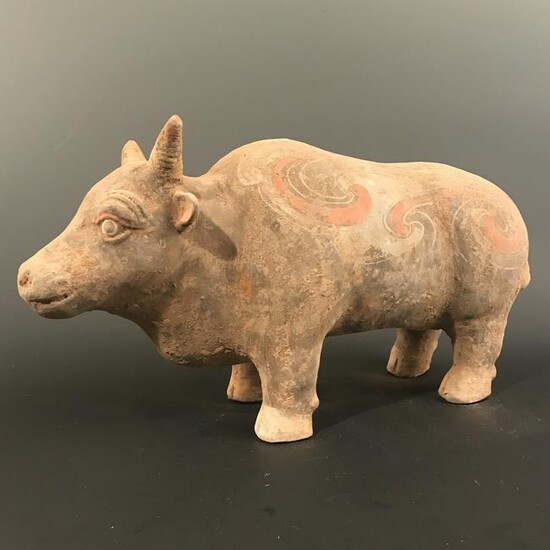 Chinese Han Style Colored Pottery Buffalo 7'' H