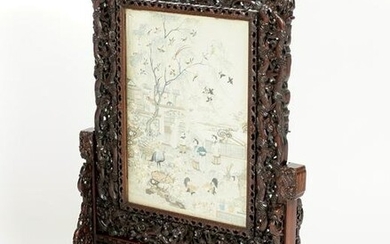 Chinese Silk Embroidered Screen in Carved Stand