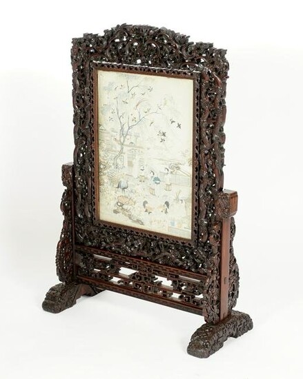 Chinese Silk Embroidered Screen in Carved Stand