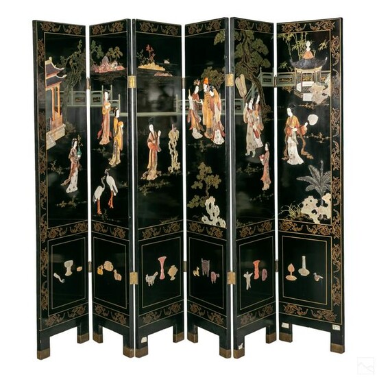 Chinese Six Panel Carved Stone & Lacquer Screen