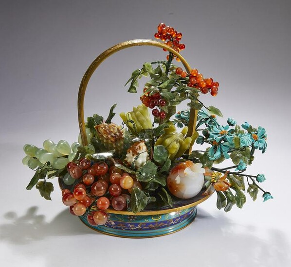 Chinese agate and jade fruits w/ cloisonne basket