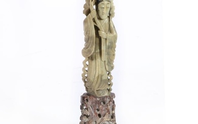 Chinese carved soapstone figure of Guanyin on brass lamp base. 17"H x 6"W