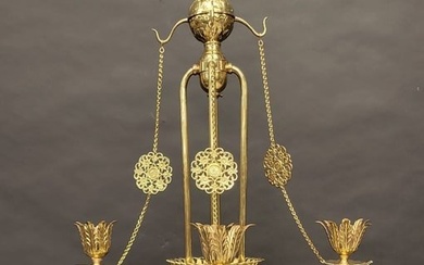 Circa 1880's Solid Brass Electrified Gasolier Hall Light Chandelier, Features Ornate Brass