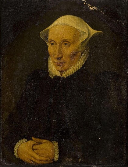 Circle of Willem Adriaensz Key, British 1516-1568- Portrait of a lady, half-length, turned to the left, wearing a dark dress with white ruffs, cuffs and cap; oil on panel, 49.4 x 37.9 cm. Provenance: [Probably] With Mr Charles Redfern of Warwick...