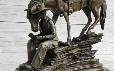 Cowboy Reading a Book with Horse Bronze Metal Western Sculpture Statue Remington Decor 11" x 13"