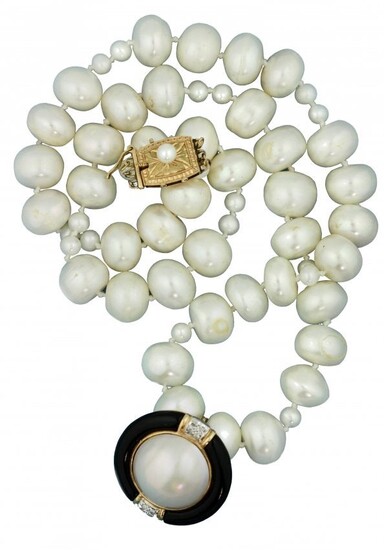 Cultured Pearl, Mabé Pearl, Onyx and Diamond Necklace