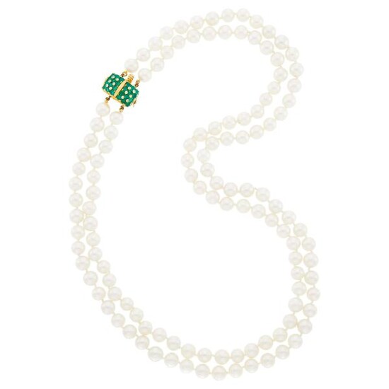 Cultured Pearl Necklace with Gold, Green Onyx and Diamond Clasp