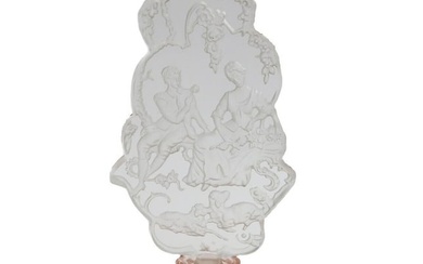 Czech Coral and Clear Cut Glass Perfume Bottle, Engraved Courting Scene c1940