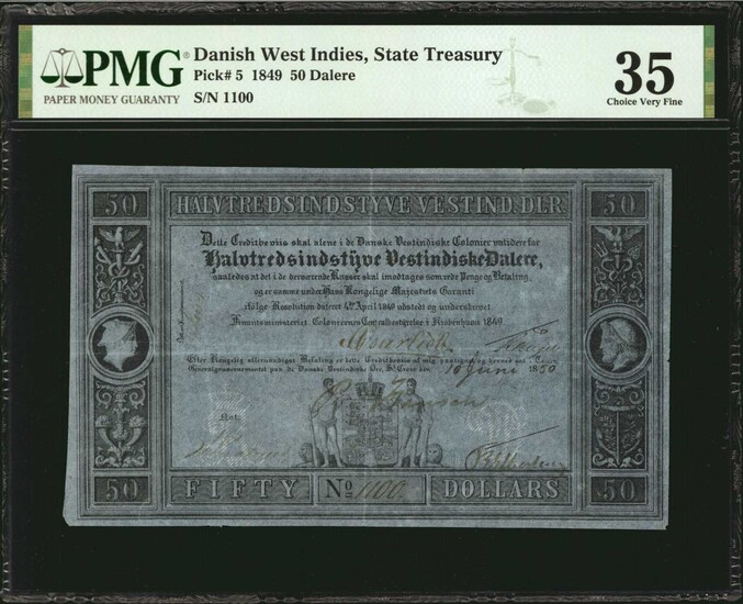 DANISH WEST INDIES. State Treasury. 50 Dalere, 1849. P-5. PMG Choice Very Fine 35.
