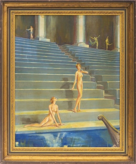 D.H. Jordan Art Nouveau Nude Figures Oil on Canvas