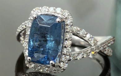 Dark Aquamarine and Diamond Halo Ring