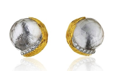 David Webb 18K Yellow Gold Rock Crystal And Diamond Round Clip-On Earrings