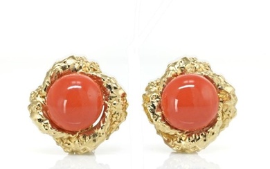 David Webb 1970's Platinum & 18K Yellow Gold Round Cabochon Coral Clip-On Earrings