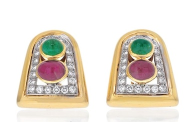 David Webb Platinum & 18K Yellow Gold Emerald Ruby And Diamond Clip Earrings