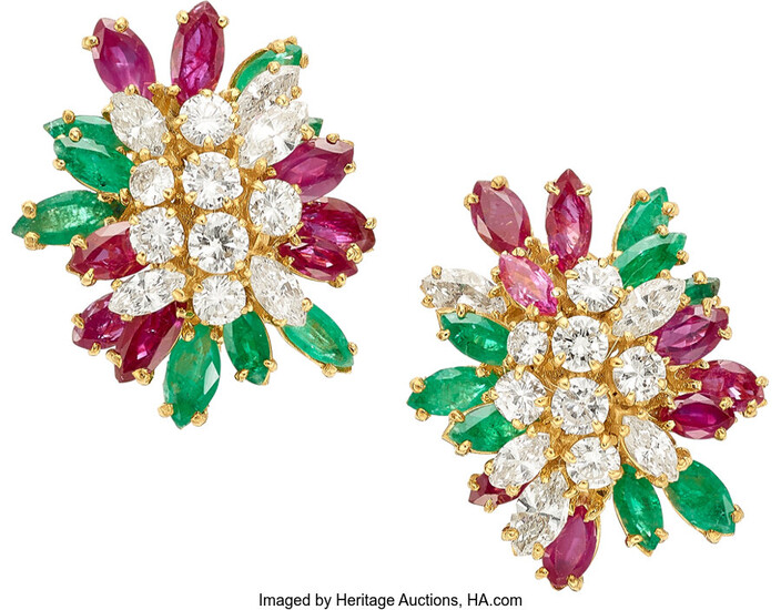 Diamond, Ruby, Emerald, Gold Earrings Stones: Full and marquise-shaped...