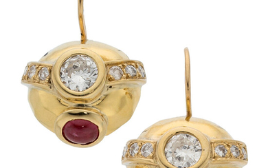 Diamond, Ruby, Gold Earrings Stones: Full-cut diamonds weighing a...