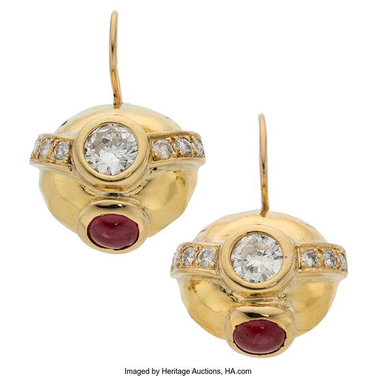 Diamond, Ruby, Gold Earrings Stones: Full-cut diamonds weighing a...
