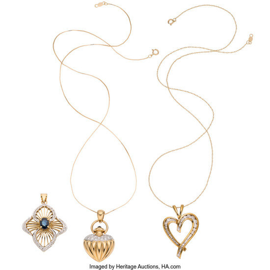 Diamond, Sapphire, Gold Pendant Necklaces The lot includes a...