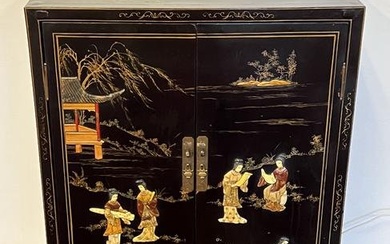 Double-Door Oriental Carved/Inlaid Cabinet